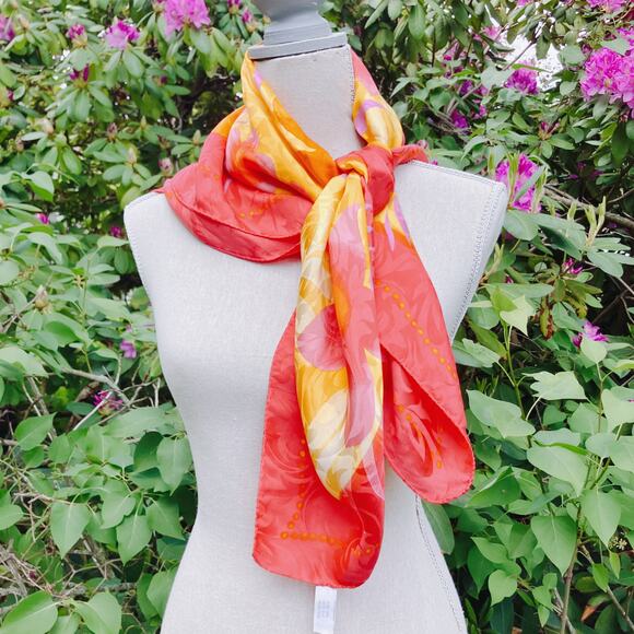 VTG 100% Pure Silk Reine Seide Scarf Tropical Floral Jacquard Pink Orange Square - Picture 2 of 10